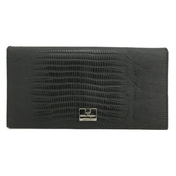 Salvatore Ferragamo Black Embossed Leather Long Bifold Wallet EUC - Picture 1 of 8